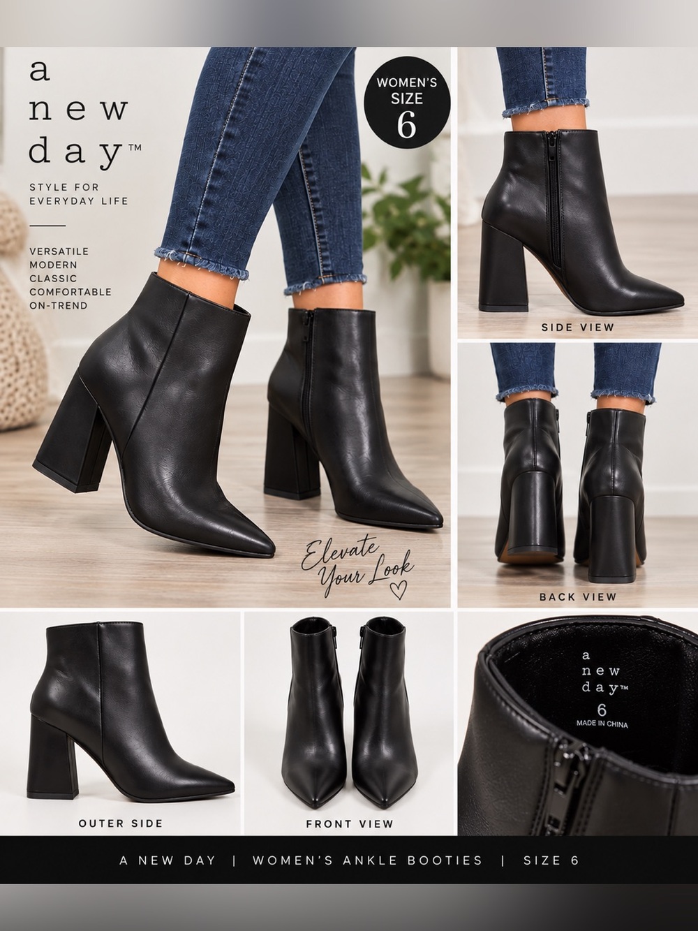 a new day Black Pointed Toe Block Heel Ankle Booties